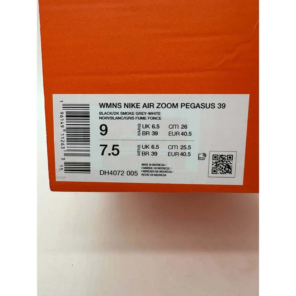 Nike Air Zoom Pegasus 39 Womens Size 9 Black White Running Shoes DH4072 005